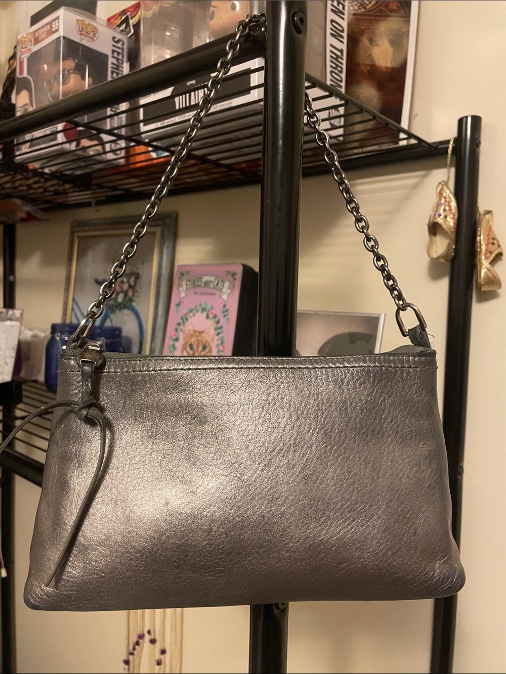 Hobo Metallic Gray Chain-Handle Shoulder Bag